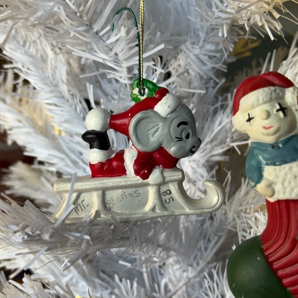 1985 Christmas Mouse Ornaments with Santa and Stocking